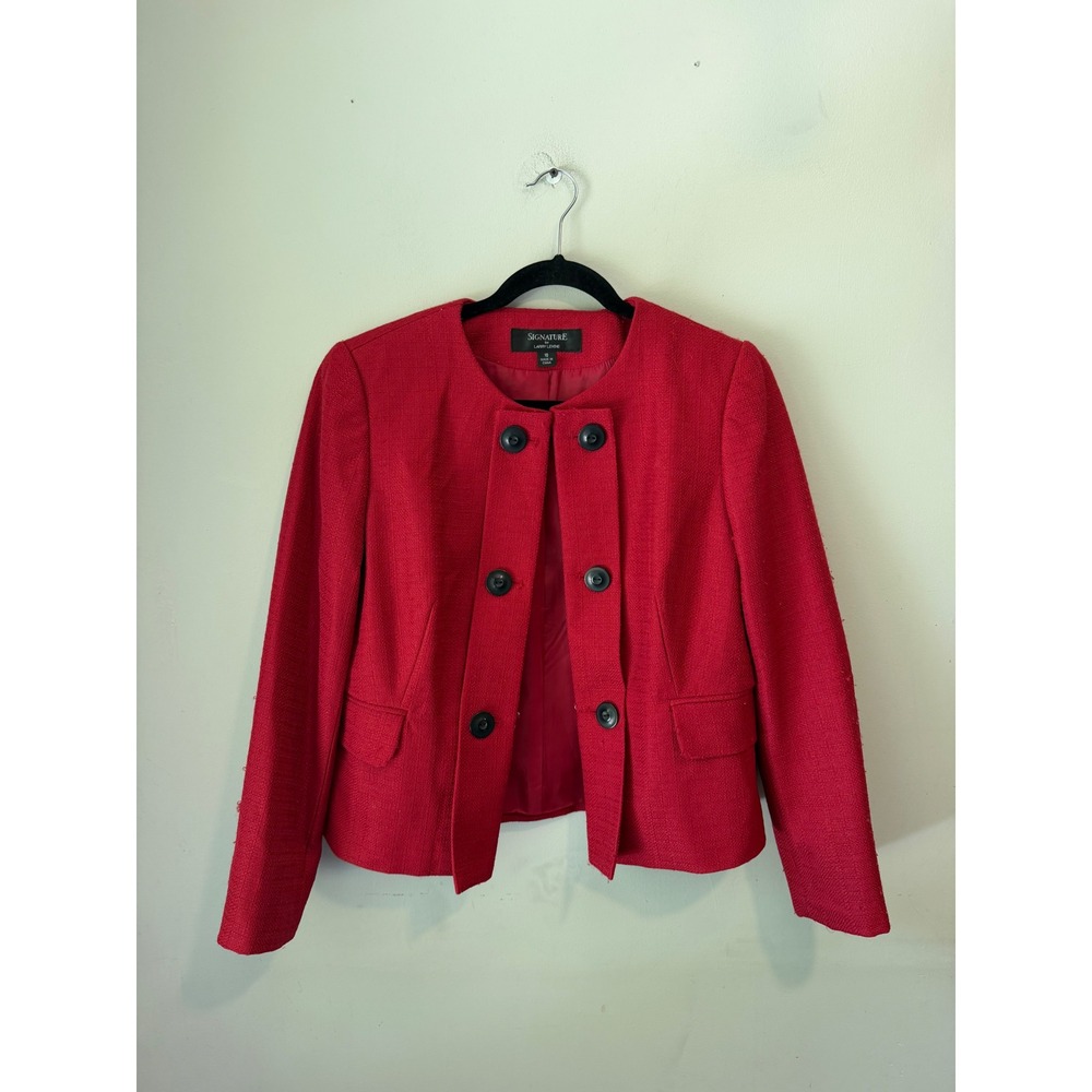 Signature by Larry Levine Red Tweed Blazer Collarless Double Breasted Jacket 10